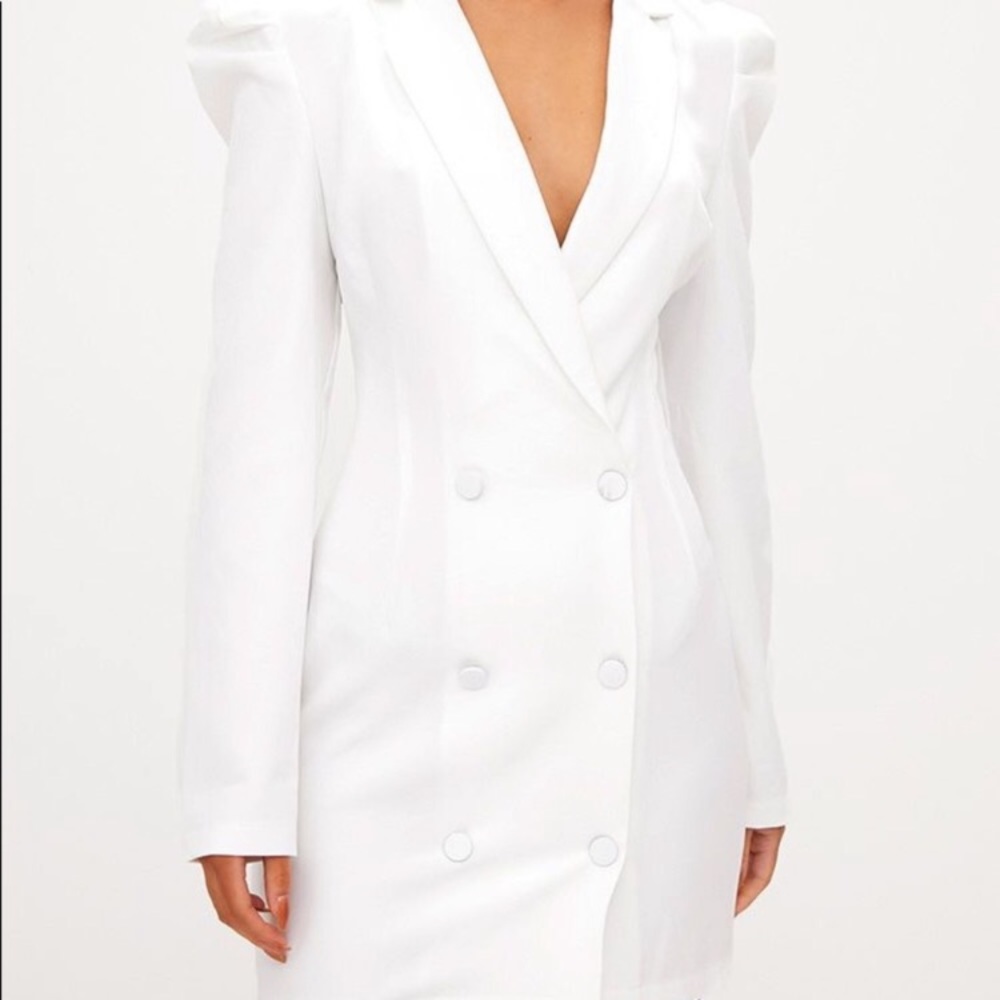 White Puff Sleeve Button Up Blazer Dress